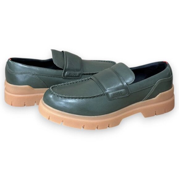 HUGO Double Stitching Loafers Olive Leather US 9 (UK 8 EU 42) Moc Toe Brown Sole
